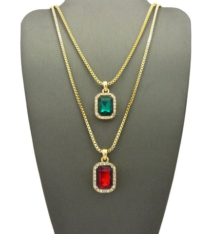 Micro Faux Ruby & Faux Emerald Stone Pendant Set 2mm 24" & 30" Box Chain Necklace in Gold-Tone