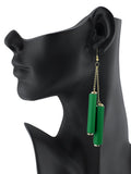 Women's Wood Cylinder Mini Stone Stud Ends Link Chain Dangle Pierced Earrings, Green