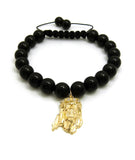 Stone Stud Realistic Jesus Face Charm with Adjustable 10mm Black Stone Bead Bracelet, Gold-Tone