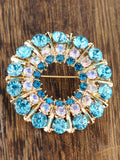 NYFASHION101 Elegant Formal Multi Size Rhinestone Studded Round Brooch Pin, Turquoise/Gold-Tone