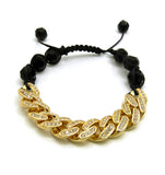 Hip Hop Rapper's Style 12mm Iced Out Cuban Link and 10mm Black Stone Bead Adjustable Knotted Bracelet, Gold-Tone, XB447G