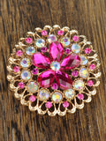 NYFASHION101 Elegant Formal Star Flower Rhinestone Studded Round Brooch Pin, Pink/Gold-Tone