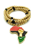 Pan Africa Continent Pendant with 6mm 30" CCB Bead Necklace, Gold-Tone/Power Fist on Pan Africa