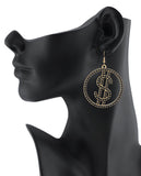 Women's Stone Stud Encircled Dollar Sign Money Symbol Dangle Pierced Earrings, Black/Gold-Tone