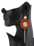 Women's Hammered Glitter Circle Wood Dangle Pierced Earrings, Red