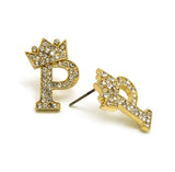 Stone Stud Tilted Crown Initial Pierced Earrings, P/Gold-Tone