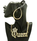 Stone Stud Crowned Queen Pendant Chain Necklace with Teardrop Hoop Earrings Jewelry Set