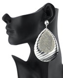 Women's Stone Stud Imprinted Design Teardrop Metal Dangle Clip On Earrings, Silver-Tone