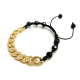 Hip Hop Rapper's Style 10mm Iced Out Cuban Link and 8mm Black Stone Bead Adjustable Knotted Bracelet, Gold-Tone, XB448G