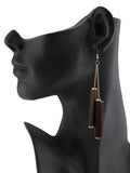 Women's Wood Cylinder Mini Stone Stud Ends Link Chain Dangle Pierced Earrings, Brown