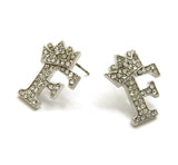Stone Stud Tilted Crown Initial Pierced Earrings, F/Silver-Tone