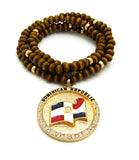 Stone Stud Dominican Republic Waving Flag Medal Pendant with 6mm 30" Wood Bead Color Disc Necklace, Black Wood/Silver-Tone