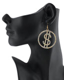 Women's Stone Stud Encircled Dollar Sign Money Symbol Dangle Pierced Earrings, Aurora Borealis/Gold-Tone