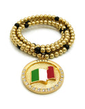 Stone Stud Waving Flag Medal Pendant with 6mm 30" CCB Bead Necklace in Gold-Tone, Italy
