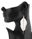 Women's Bohemian Long Feather Stone Stud Link Chain Dangle Pierced Earrings Set, Black/Beige/Ivory