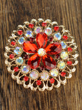 NYFASHION101 Elegant Formal Star Flower Rhinestone Studded Round Brooch Pin, Red/Gold-Tone