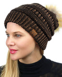 NYFASHION101 Soft Stretch Cable Knit Faux Fur Pom Pom Metal Color Beanie Hat