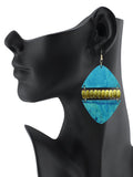Women's Linked Rounded Diamond Shape Wood Dangle Pierced Earrings, Turquoise