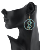Women's Stone Stud Encircled Dollar Sign Money Symbol Dangle Pierced Earrings, Blue/Gold-Tone