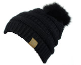 NYFASHION101 Soft Stretch Cable Knit Faux Fur Pom Pom Beanie Hat