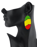 Women's Rasta Linked Shape Wood Pierced Dangle Earrings, Long Oval