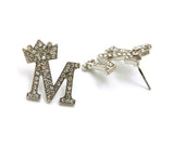 Stone Stud Tilted Crown Initial Pierced Earrings, M/Silver-Tone