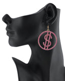 Women's Stone Stud Encircled Dollar Sign Money Symbol Dangle Pierced Earrings, Pink/Gold-Tone