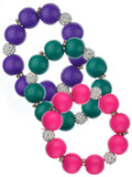 Women's Wood Round Ball Shamballa Fashion Stretch Bracelet Set, Hot Pink/Purple/Teal