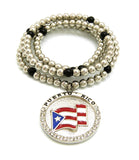 Stone Stud Puerto Rico Waving Flag Medal Pendant with 6mm 30" CCB Bead Necklace, Silver-Tone