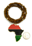 Pan Africa Continent Pendant with  6mm 30" Wooden Bead and Metal Disc Necklace, Gold-Tone/Brown Wood