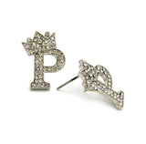 Stone Stud Tilted Crown Initial Pierced Earrings, P/Silver-Tone