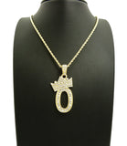 Stone Stud Tilted Crown Number Pendant with 3mm 18" Rope Chain Necklace, 0, Gold-Tone