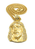 Stone Stud Hair Jesus Face Pendant with 6mm Cuban Chain in Gold-Tone, 24"