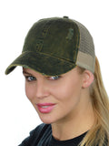 Ponyflo Ponytail Messy High Bun Distressed Adjustable Trucker Baseball Cap, Green