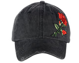 Women's Patched Rose Low Profile Vintage Denim Baseball Dad Cap Hat, Black