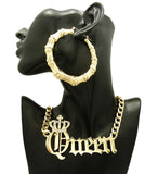 Stone Stud Crowned Queen Pendant Necklace with Bamboo Hoop Earrings Jewelry Set