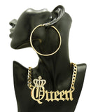Stone Stud Crowned Queen Pendant Chain Necklace with Rhinestone Hoop Earrings Jewelry Set