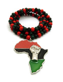 Power Fist on Pan Africa Continent Pendant with 6mm 36" Multicolored Wood Bead Necklace, Silver-Tone