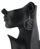 Women's Stone Stud Encircled Dollar Sign Money Symbol Dangle Pierced Earrings, Black/Silver-Tone