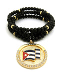 Stone Stud Cuba Waving Flag Medal Pendant with 6mm 30" Wood Bead Color Disc Necklace, Black Wood/Gold-Tone