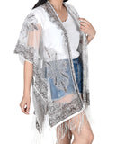 Women's Paisley Burnout Tassel Ends Sheer Shawl Cardigan, White
