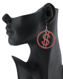 Women's Stone Stud Encircled Dollar Sign Money Symbol Dangle Pierced Earrings, Red/Silver-Tone