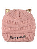 D&Y Cable Knit Stretchy Beanie With Sequins Sparkle Cat Ears & Nose Whisker Embroidery