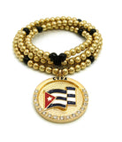 Stone Stud Waving Flag Medal Pendant with 6mm 30" CCB Bead Necklace in Gold-Tone, Cuba