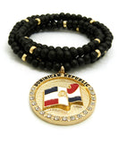 Stone Stud Dominican Republic Waving Flag Medal Pendant with 6mm 30" Wood Bead Color Disc Necklace, Black Wood/Gold-Tone