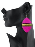 Women's Linked Rounded Diamond Shape Wood Dangle Pierced Earrings Set, Turquoise/Hot Pink/Yellow