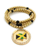 Stone Stud Waving Flag Medal Pendant with 6mm 30" CCB Bead Necklace in Gold-Tone