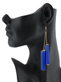 Women's Wood Cylinder Mini Stone Stud Ends Link Chain Dangle Pierced Earrings, Royal