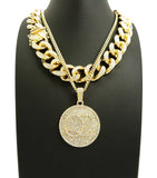 Hip Hop Rapper's Style Iced Out Cuban Chain & Stone Stud QC Pendant with Box Chain Necklace Set