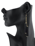 Women's Wood Cylinder Mini Stone Stud Ends Link Chain Dangle Pierced Earrings, Black